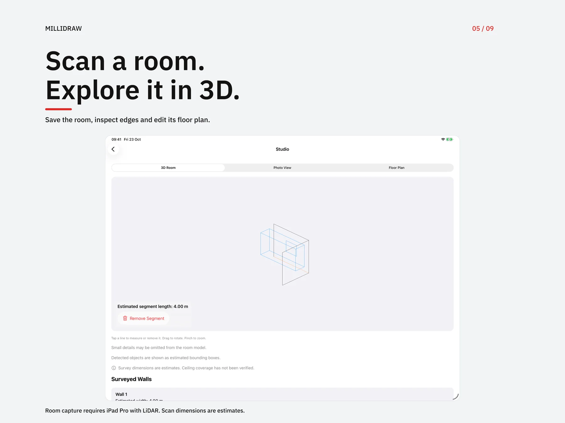 Saved 3D room with a selected edge and estimated length